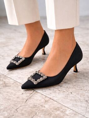 Manolo Blahnik Crystal Embellished Black Satin Kitten Heel Pumps